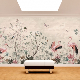 Papier peint illustration de flamants roses et de fleurs vintage