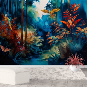 Papier peint ou murale paysage tropical et aras aquarelles
