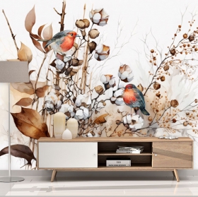 Papier peint dessin oiseaux plantes vintage