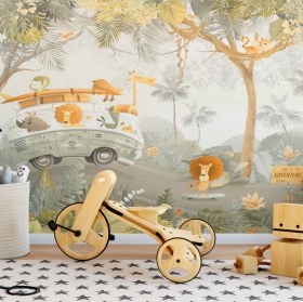 Papier peint dessin d'aventures d'animaux pour enfants