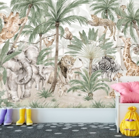 Papier peint ou murale dessin d'enfants animaux de la jungle tropicale