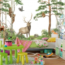 Papier peint ou murale représentant des animaux de la forêt pour enfants