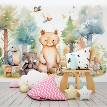 Papier peint ou murale illustration aquarelle animaux de la forêt