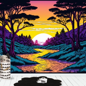 Photo murale ou papier peint illustration forêt de pins au coucher du soleil