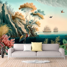 Papier peint ou murale classique dessin port montagnes bateaux et oiseaux