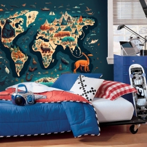 Papier peint carte du monde illustration animaux pour les jeunes enfants