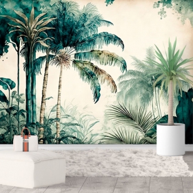 Papier peint ou peinture murale jungle tropicale dessin dans les tons verts aquarelle