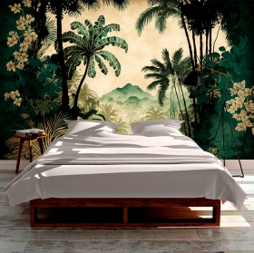 Fond d'écran ou peinture murale d'illustration de forêt tropicale et de fleurs