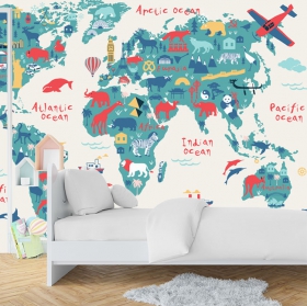 Papier peint ou papier peint carte du monde pour les jeunes ou les enfants avec des animaux et des monuments