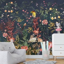 Papier peint ou murale dessin vintage fleurs et oiseaux
