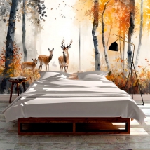 Papier peint dessin paysage d'automne cerf