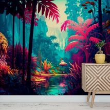 Papier peint illustration de jungle tropicale colorée moderne