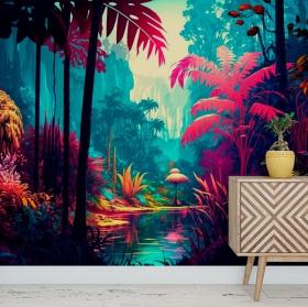Papier peint illustration de jungle tropicale color&eacute;e moderne