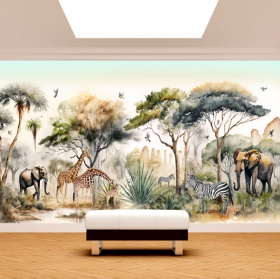 Papier peint ou murale horizontal paysage safari afrique &eacute;l&eacute;phants z&egrave;bres girafes