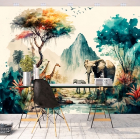 Papier peint ou murale aquarelle paysage savane &eacute;l&eacute;phants z&egrave;bres montagnes