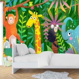 Papier peint ou murale dessin d'enfant animaux dans la jungle singe girafe &eacute;l&eacute;phant