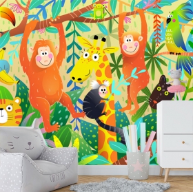 Papier peint ou murale dessin d'enfant animaux dans la jungle singes girafe panth&egrave;re
