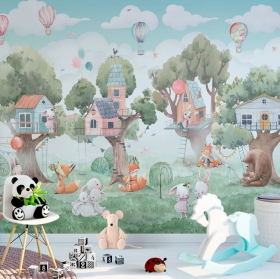 Papier peint ou peinture murale aquarelle pour enfants dessinant des maisons d'animaux et des ballons
