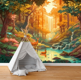 Papier peint ou peinture murale dessin pour enfants cerf dans l'histoire de la for&ecirc;t