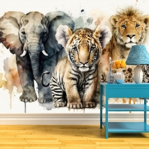 Papier peint ou peinture murale aquarelle illustration éléphant tigre et lion jeunesse moderne