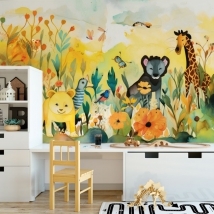 Papier peint ou peinture murale dessin d'enfants à l'aquarelle animaux dans la nature