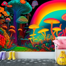 Papier peint moderne illustration jeunesse champignons style psychédélique couleurs néon