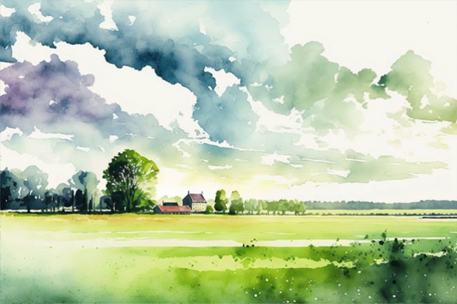 Peinture murale ou papier peint aquarelle paysage champ et maison