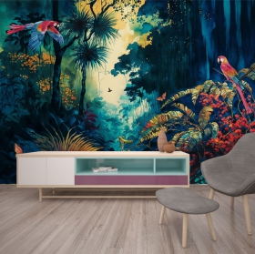 Papier peint ou murale aquarelle jungle tropicale dessin avec des aras et des papillons