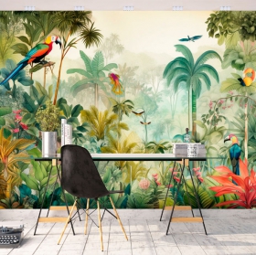 Papier peint ou peinture murale d'oiseaux et d'aras de la jungle tropicale de dessin moderne