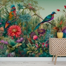 Papier peint moderne ou dessin mural plantes fleurs et oiseaux tropicaux