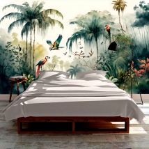 Papier peint ou murale jungle tropicale dessin à l'aquarelle avec palmiers et aras