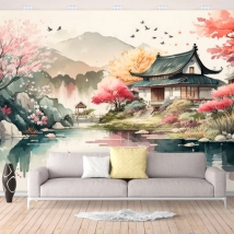 Papier peint ou murale aquarelle paysage asiatique lac canards et cerisiers