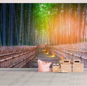 Papier peint ou murale chemin de la forêt de bambous au coucher du soleil