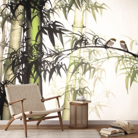 Papier peint ou murale paysage de bambou avec des oiseaux relaxant zen