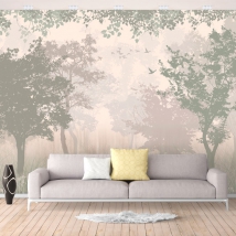 Papier peint ou peinture murale illustration élégante de la forêt dans les tons crème