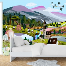 Papier peint ou peinture murale village d'illustration pour enfants au milieu de la nature