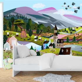 Papier peint ou peinture murale village d'illustration pour enfants au milieu de la nature