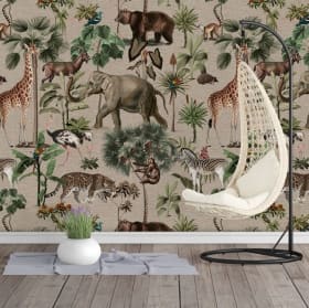 Papier peint ou peinture murale dessin d'enfants &agrave; l'aquarelle animaux dans la nature