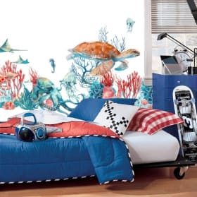 Papier peint ou illustration murale vie marine tortues pieuvres aquarelle