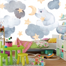 Papier peint ou peinture murale dessin d'enfants doux rêves ours dans les nuages ​​étoiles et la lune