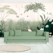Papier peint dessin vintage tropical avec des palmiers, des flamants roses et des oiseaux