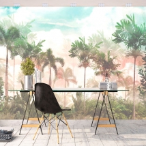 Papier peint ou murale dessin jungle tropicale avec plantes et palmiers