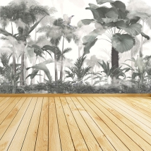 Papier peint ou peinture murale dessin forêt tropicale avec ara et palmiers