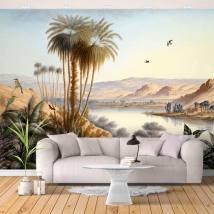 Papier peint dessin paysage oriental avec lac, palmiers et oiseaux