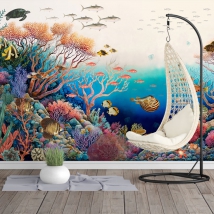 Papier peint ou fond d'écran illustration fond de paysage avec des poissons tortues de la vie marine