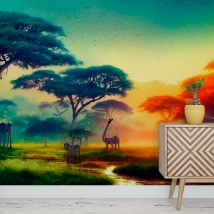 Papier peint dessin savane africaine paysage coucher de soleil animaux et rivière
