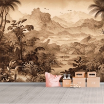 Peinture murale ou papier peint dessin sépia jungle tropicale oiseaux palmiers et arbres
