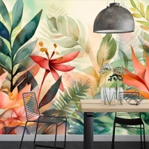 Peinture murale ou papier peint aquarelle dessin fleurs et plantes tropicales