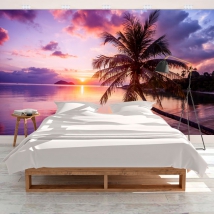 Coucher de soleil sur la plage des caraïbes avec papier peint ou peinture murale de palmier