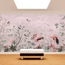 Papier peint ou mural type vintage dessin fleurs plantes et oiseaux avec flamants roses